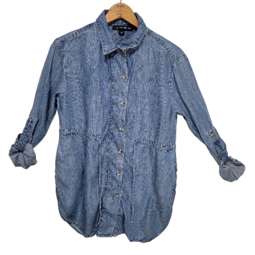Boston Proper Women's Chambray Tunic Top Button Up Roll Tab Sleeves Size S